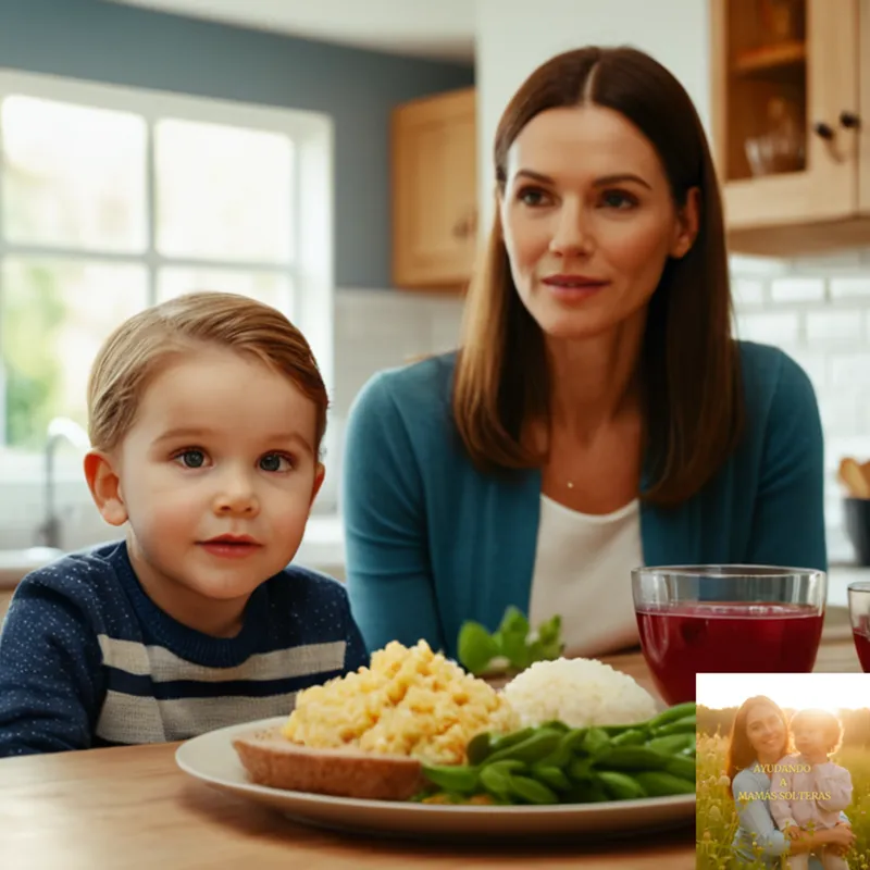 The image should show a warm and inviting kitchen scene with a loving single parent standing beside their child, both surrounded by delicious homemade meals cooked from simple ingredients, carefully arranged on a clean and clutter-free table, with a family photo hanging proudly on the wall in the background.