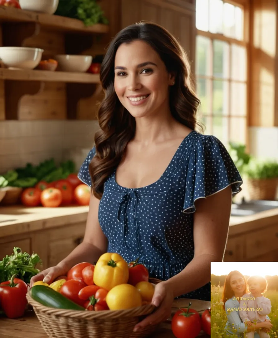 The image should show: A young single mother, mid-to-late 20s, standing in a sunny kitchen surrounded by baskets of fresh produce, mixing bowls, and cooking utensils, holding a vibrant bouquet of flowers and smiling warmly while expertly chopping vegetables on a worn wooden table.