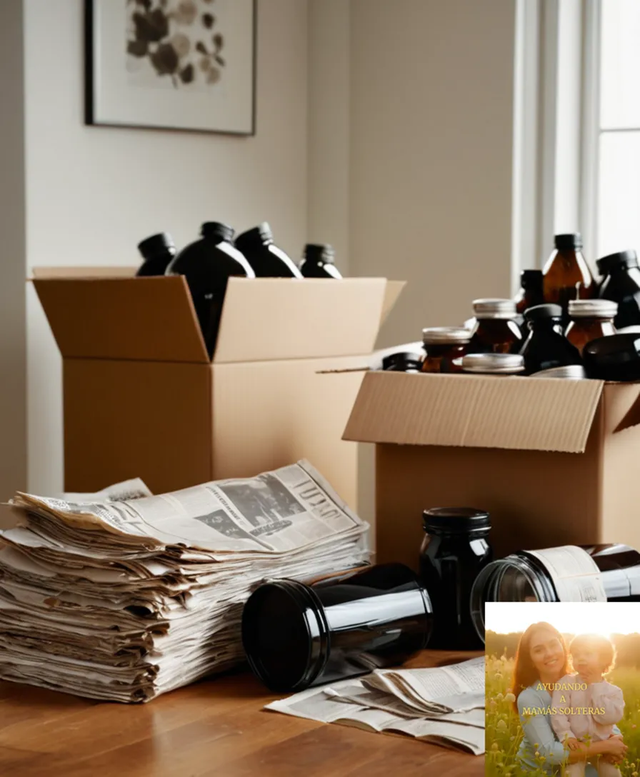 The image should show: a cluttered yet organized recycling bin placed on a minimalist white background, surrounded by a variety of small household items such as empty plastic bottles, glass jars, cardboard boxes, and newspaper clippings in the shadows, under soft natural light, emphasizing eco-friendliness.