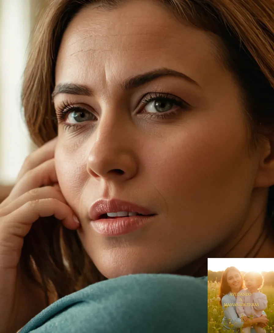 The image should show: A gentle, yet worn, mother of around 30 years old, sitting on a worn couch in a modest living room, surrounded by laundry, bills, and children's toys, her hand covering her face as if overwhelmed by the burden of providing for her family.