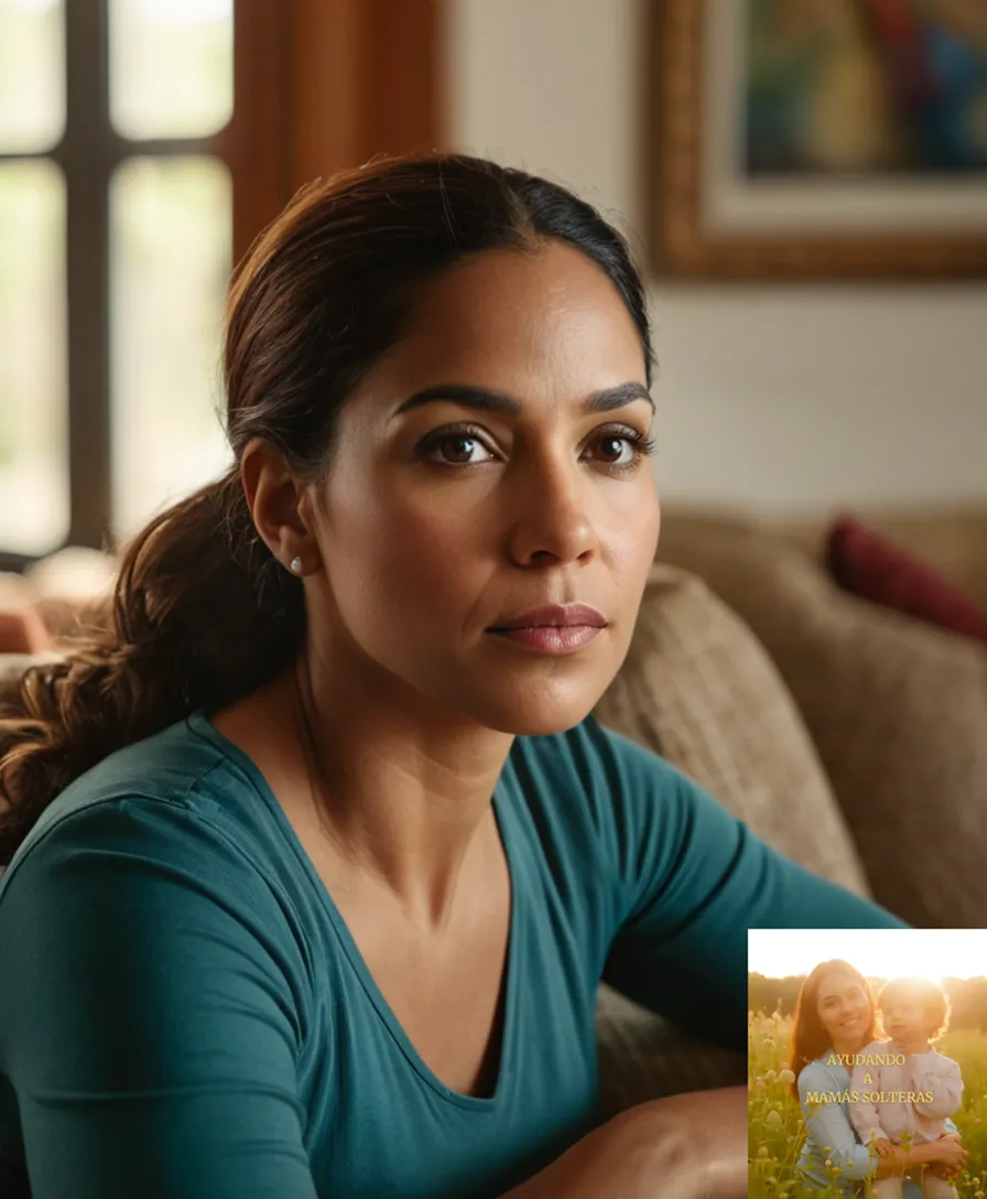 The image should show: A worn-out yet determined-looking Latin American woman in her mid-30s sitting on a faded couch in a small domestic living room, surrounded by child's drawings, crayons, and worn textbooks; she gazing intensely at her young children who are engaged in their lessons nearby.