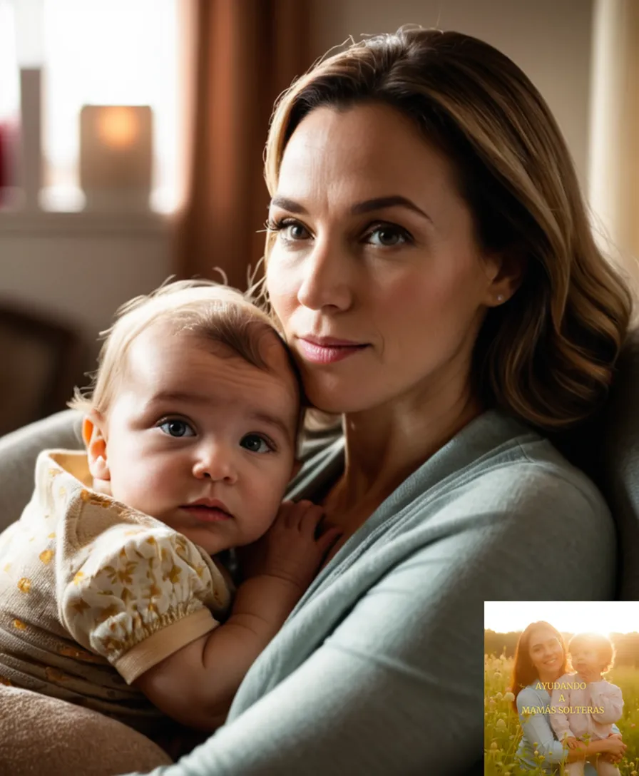 The image should show: A solo mother in her mid-30s, sitting on a worn armchair in a cozy living room, cradling her infant daughter wrapped snugly in a soft blanket amidst a scattering of toys and parenting books, bathed in warm afternoon sunlight pouring through the window.