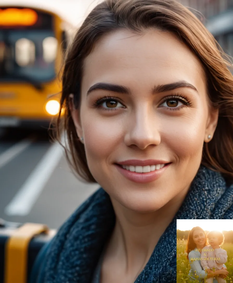 The image should show a young, single mother in her late 20s, wearing a warm smile, standing confidently in front of a city bus stop, with a suitcase by her side, amidst a vibrant urban backdrop, highlighting the practicality and independence that comes with efficient transportation.