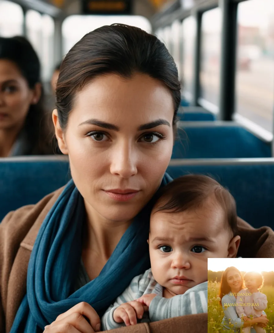 The image should show: A single mother in her mid-30s, dressed in casual attire, sitting on a city bus, cradling her infant child in her arms while checking her phone for a schedule or fare information with a mixed expression of fatigue and determination.