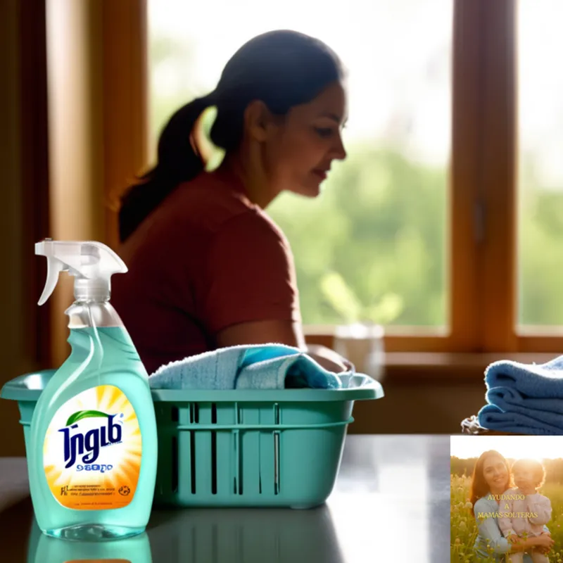 The image should show: A close-up of an empty container of eco-friendly dish soap next to a bottle of affordable all-purpose cleaner on a clutter-free kitchen counter, surrounded by a few neatly folded washing baskets, with soft morning light pouring through the window and a faint blurred image of a mother in the background gently folding laundry.
