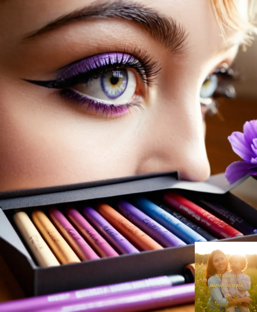 The image should show: A colorful, handmade birthday gift box, overflowing with an assortment of vibrant crayons, markers, stickers, and a small, plush toy on top, placed carefully among fresh daisies and purple flowers in a sunny living room with soft background lighting.