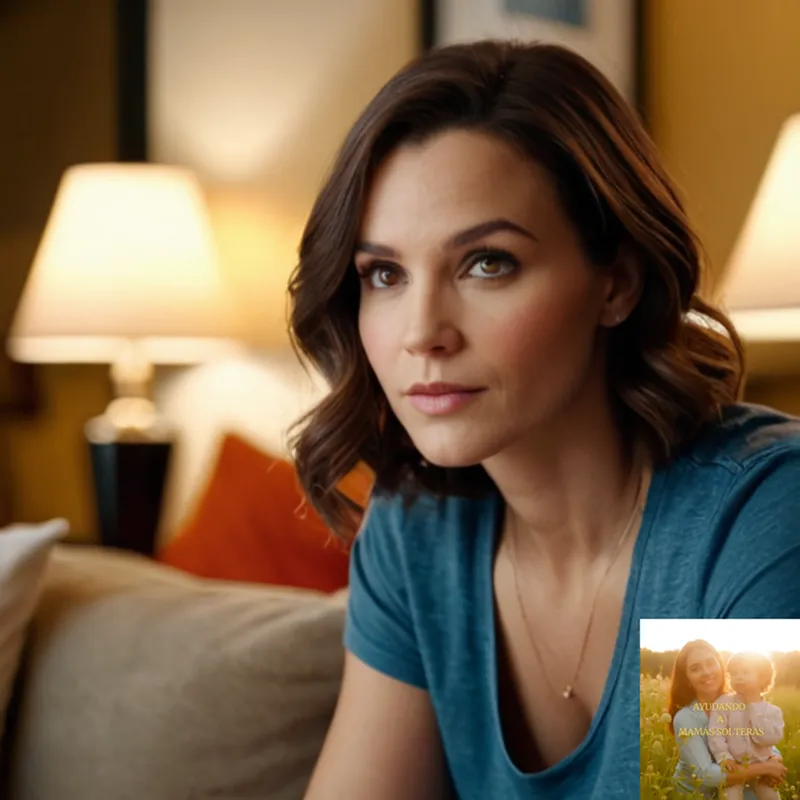 The image should show a young mother in her mid-twenties, sitting on a worn couch in a modest living room, surrounded by toys and children's books, wearing a comfortable pair of jeans and a bright orange t-shirt from a popular high street brand.