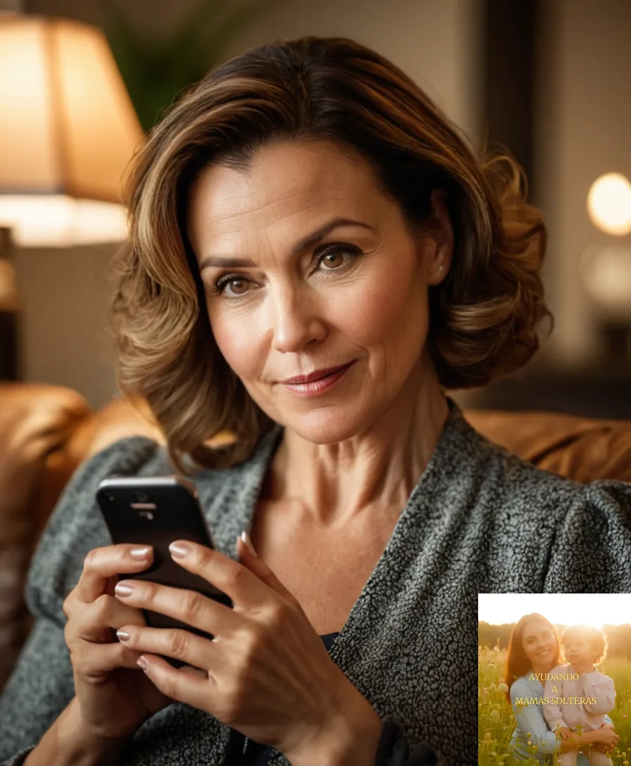 The image should show an middle-aged woman in her mid-40s with a gentle smile, sitting on a worn wooden sofa in a cozy living room, cradling her infant daughter in her arms while glancing down at her phone with a look of focused efficiency.