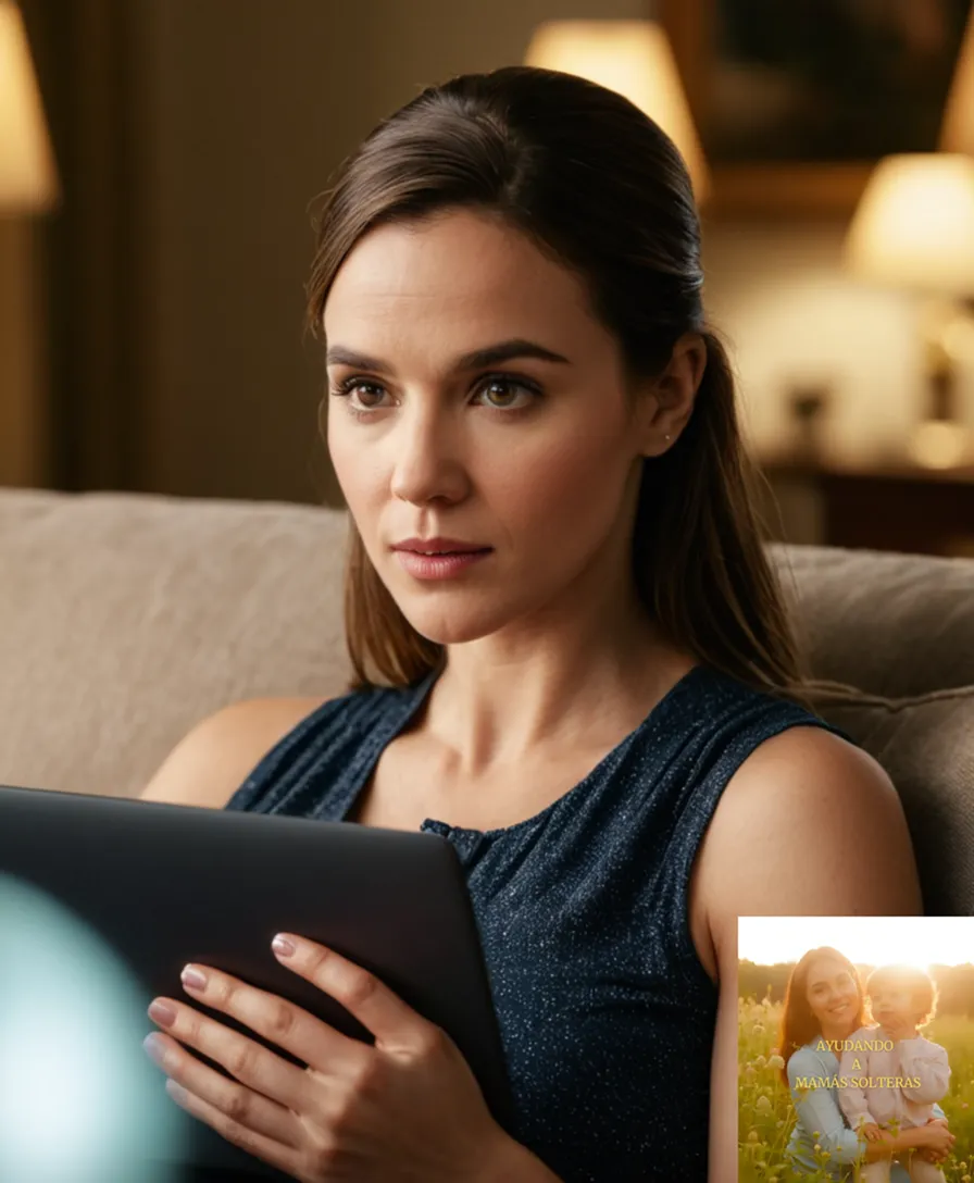 The image should show a young woman in her mid-30s, sitting on a worn couch in a small, cluttered living room, surrounded by family photos and toys, looking concerned as she holds a laptop with various budgeting apps and financial documents open on its screen.