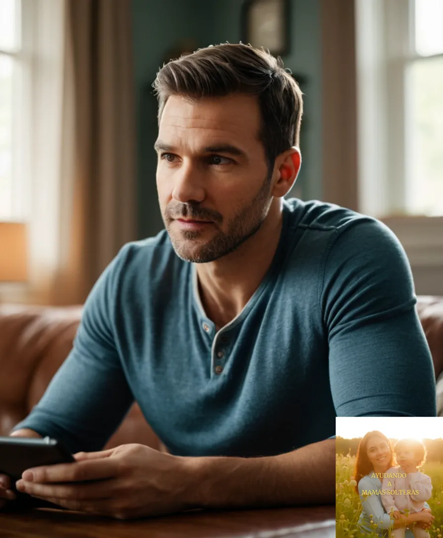 The image should show a real photo of a young single dad in his mid-30s, sitting on a couch in a cozy living room while holding a tablet, looking concerned as he searches for affordable family insurance options surrounded by cluttered books and kids' toys, with soft natural light coming from the window.