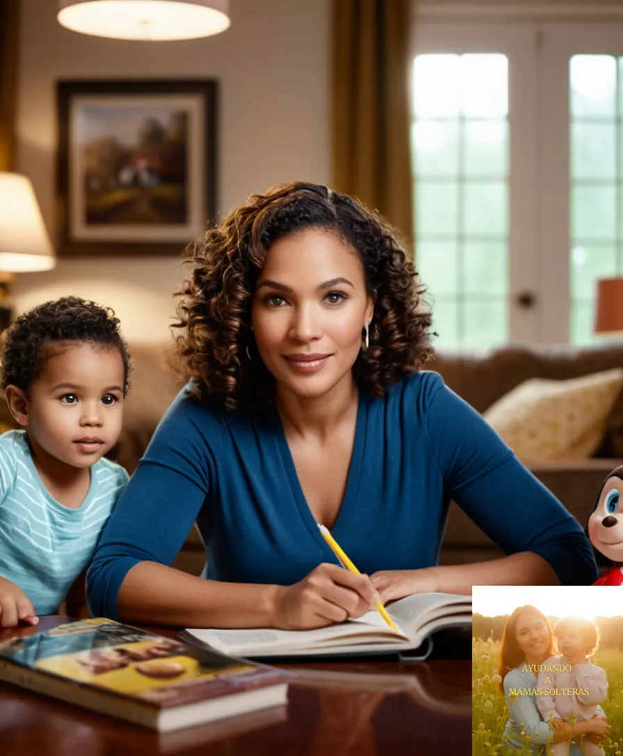 The image should show: A single mother surrounded by her two young children, seated in a modest living room cluttered with toys and books, while on the coffee table in front of them lies an open laptop displaying a comparison chart of affordable family insurance plans.
