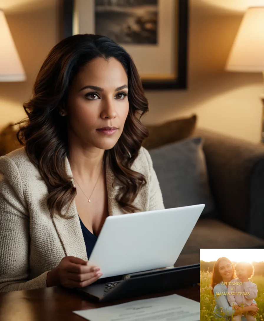 The image should show: A determined single mother sitting on her couch in a modest but cozy living room, surrounded by family photos, with a stack of paperwork and insurance documents on the coffee table beside her, looking focused on a laptop screen displaying an insurance comparison website.