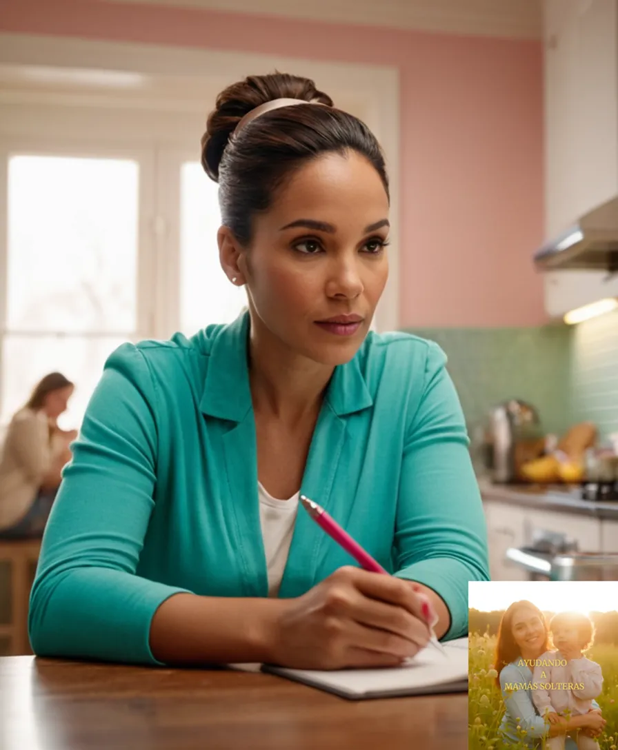 The image should show: A single mother in her mid-30s, surrounded by photographs of her children and household essentials, sitting at a cluttered kitchen table with a notepad and pen, a worn-out smartphone visible beside her, while the background features a modest apartment with pastel-colored walls and natural light filtering through.