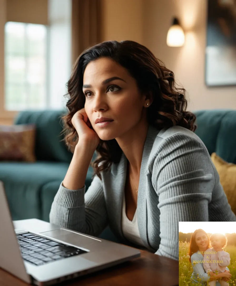 The image should show a single mother in her mid-30s, sitting on a worn couch with a toddler in her lap, surrounded by stacks of unpaid bills and financial documents scattered across a cluttered coffee table, while maintaining a determined expression as she studies her laptop screen.