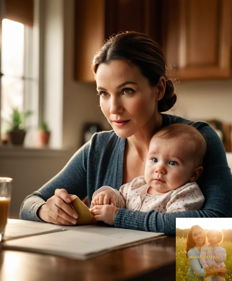 The image should show: A photograph of a determined-looking single mother in her mid-thirties, sitting at a cluttered small kitchen table amidst bills and paperwork, yet proudly holding a baby on her lap, with a faint light shining through the window behind them, casting a warm glow.