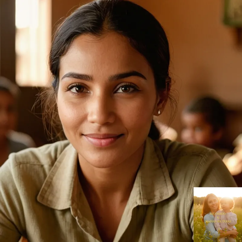 The image should show: A genuine-looking young mother from an impoverished household, sitting in a humble but clean home environment, surrounded by makeshift tools of her occupation, gazing at a Soltero representative who is smiling warmly and offering support, while the organization's logo subtly blends into the background.
