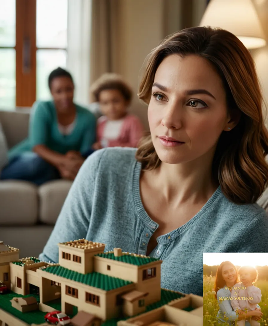 The image should show: A mother gently sitting on a couch in her modest living room, surrounded by family photographs, tenderly holding a young child who is playing with building blocks at their feet, amidst a clutter-free but cozy atmosphere that exudes economic difficulty and single-parent struggles.