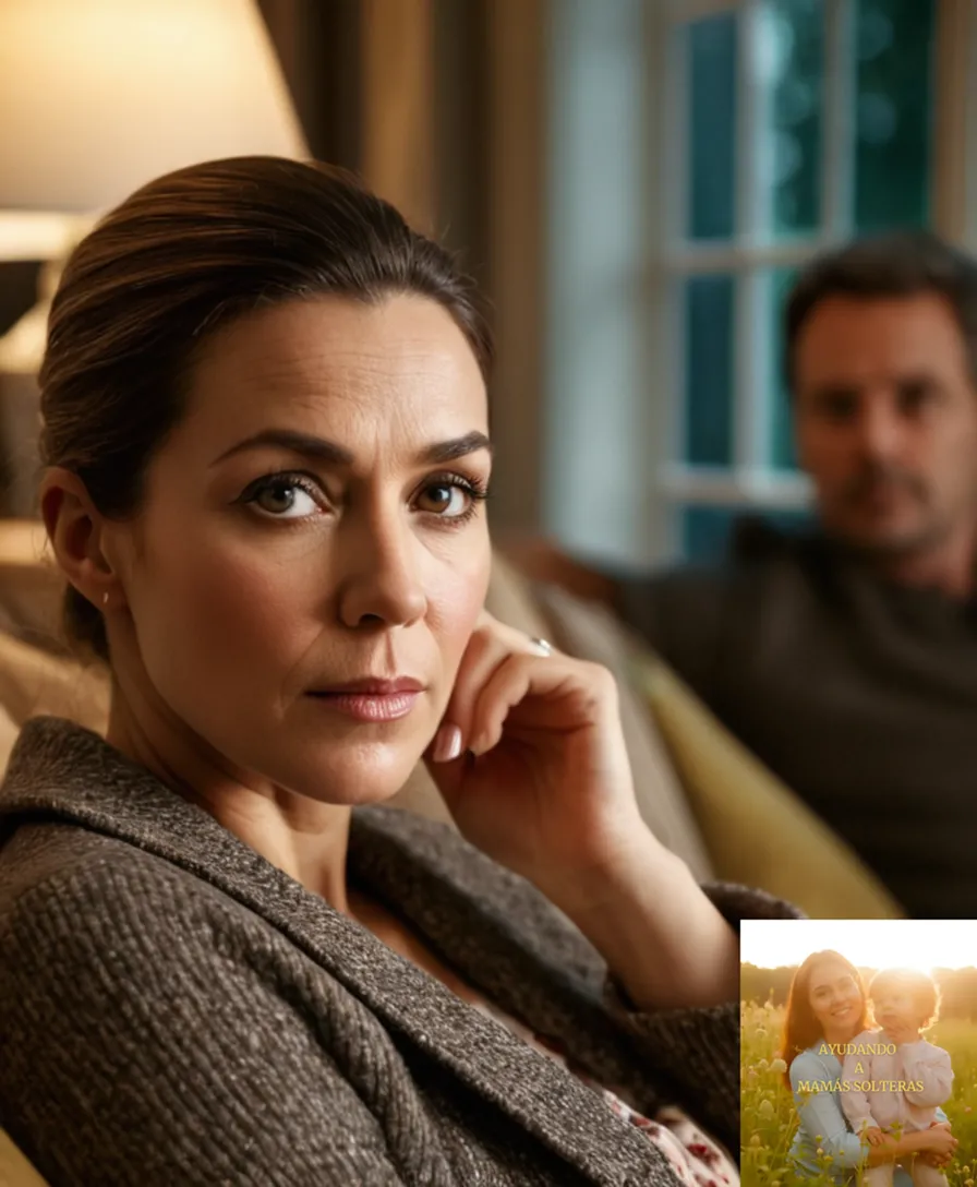 The image should show: A poignant moment of a tired mother in her late 30s, sitting on a worn sofa in a small, modest living room with faded family photos on the wall, surrounded by toys and child's clothing, while reviewing a letter or document in hand.