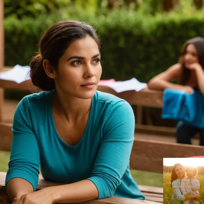 The image should show a warm and intimate portrait of a young single mother in her mid-twenties, sitting on a worn wooden bench in a vibrant El Salvadoran neighborhood, surrounded by laundry drying on lines outside her humble home, clutching a dusty folder full of government assistance documents amidst the chaos of everyday life.