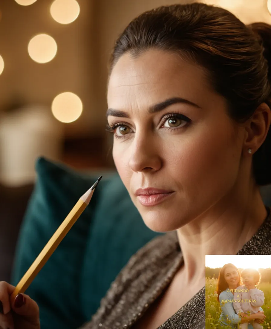 The image should show a determined mother in her mid-30s, sitting on a worn-out couch with a warm glow of natural light illuminating her face, surrounded by photos of her children and notes with budget calculations, holding a pencil and looking up confidently at the viewer.