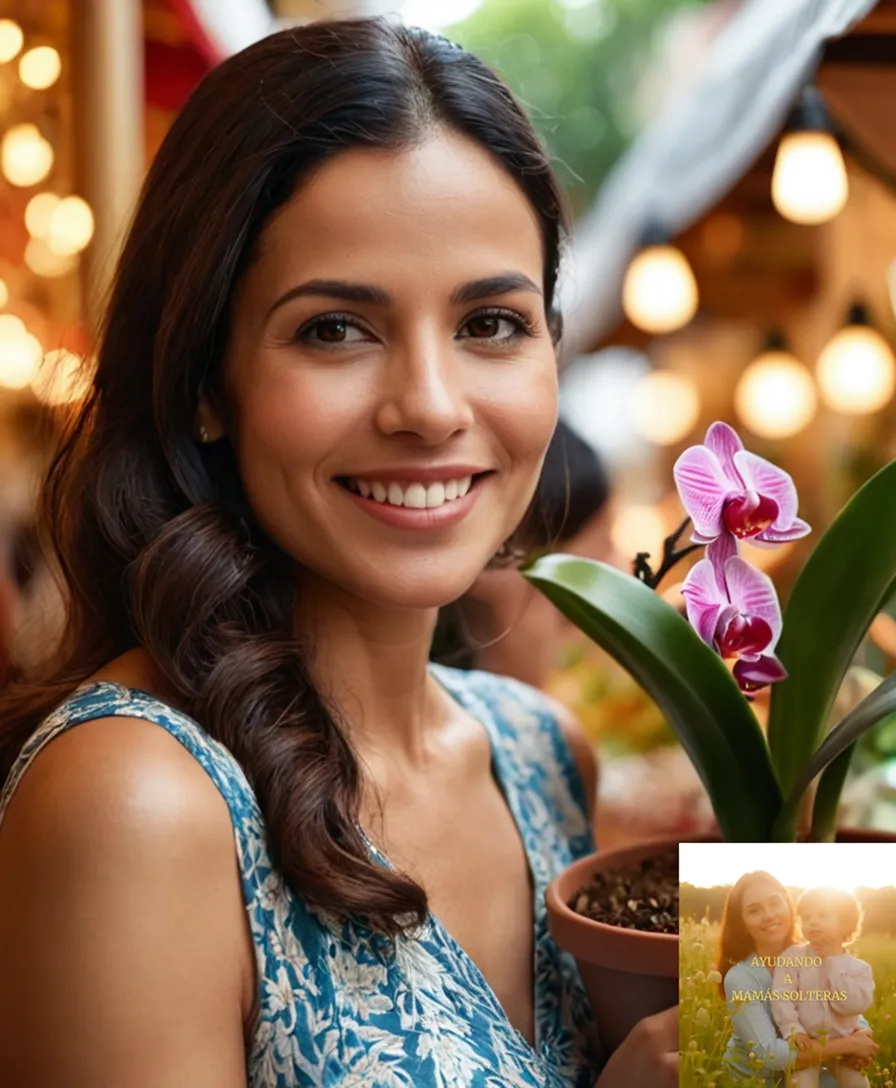 The image should show: A warm and determined Latin American woman in her mid-30s, with long dark hair and a kind smile, standing amidst a vibrant marketplace filled with tropical flowers and colorful textiles, her arms wrapped around a small potted orchid as if embracing hope and resilience.