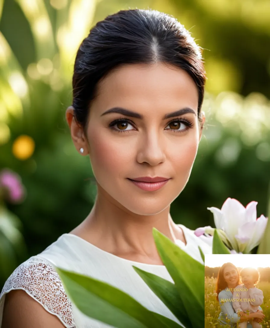 The image should show: A Latina woman in her mid-30s with dark hair and warm skin standing confidently amidst a lush green garden, surrounded by blooming flowers and a few potted plants, holding a toddler's hand with a determined expression on her face.