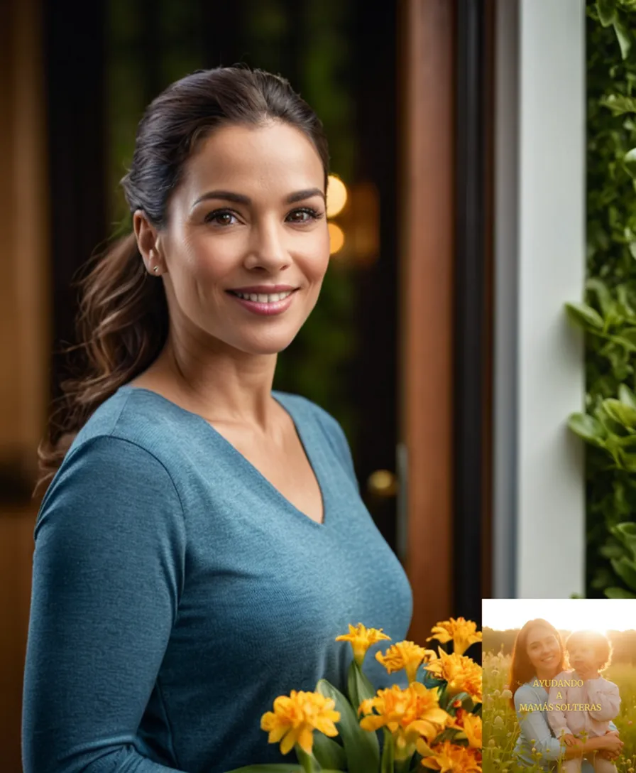 The image should show: A single mother standing proudly in front of a modest home's entrance, surrounded by lush greenery and vibrant flowers, with a big smile on her face as she holds a utility bill with low tariffs displayed prominently, highlighting affordable living.