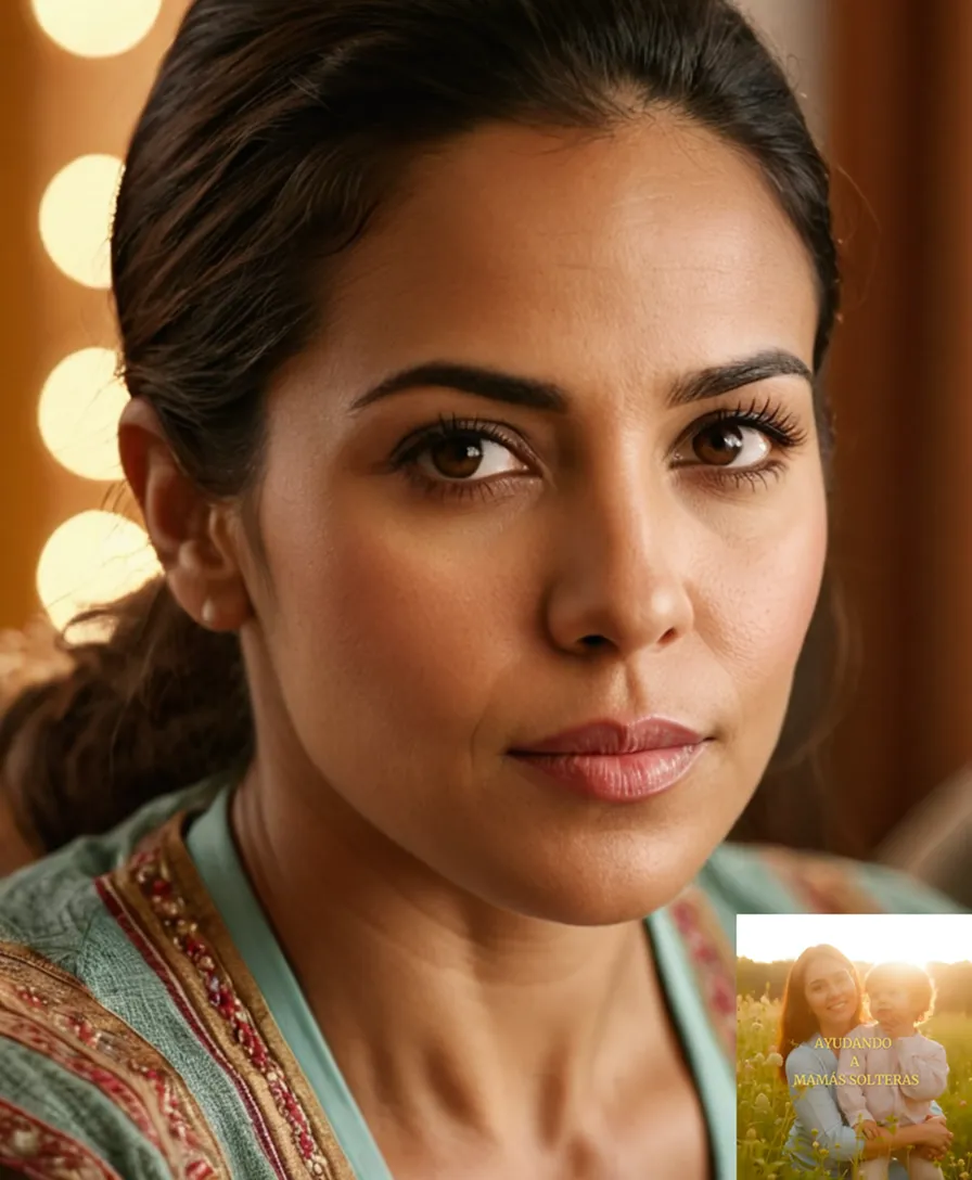 The image should show a warm and inviting photograph of a young Latin American woman in her mid-thirties, with a mix of maternal exhaustion and determination etched on her face, sitting comfortably in a cozy living room surrounded by family photos and vibrant textiles, with a cityscape visible outside the window.