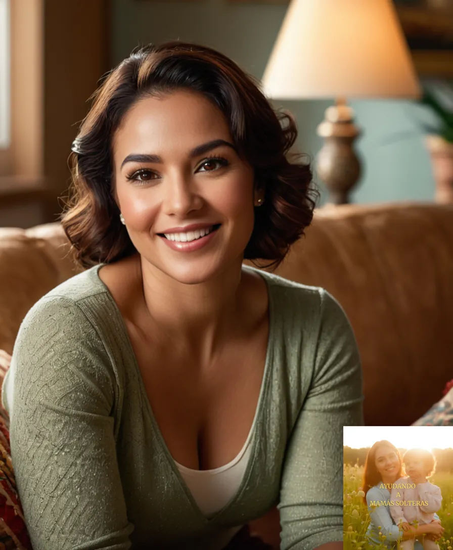 The image should show: A warm and cozy living room scene with a smiling single mother in her mid-30s sitting on a plush couch surrounded by family photos, with a faint hint of sunlight peeking through the window above her head, softly illuminating the vibrant Latin American-inspired decor.