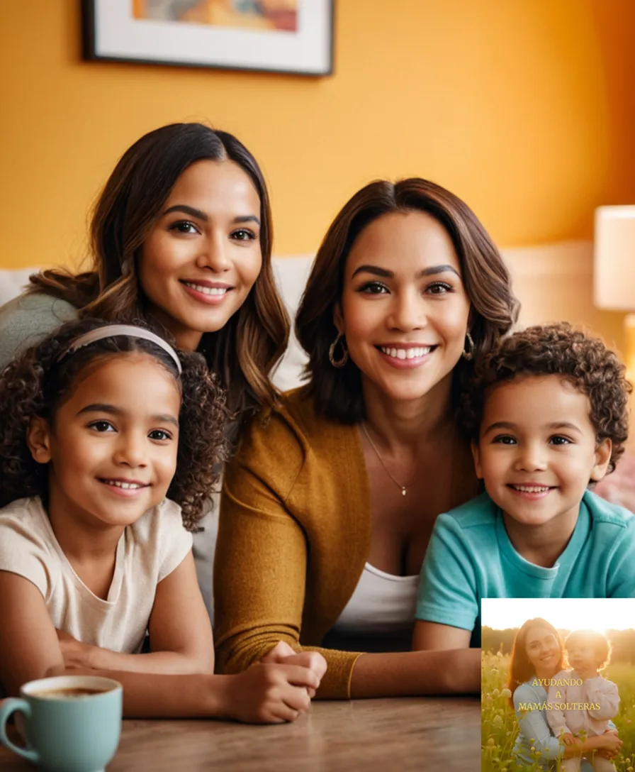 The image should show: A warm and inclusive photo of a diverse group of solo mothers from different ethnicities standing together in a bright living room filled with natural light, surrounded by smiling children, and holding personalized discount coupons on a coffee table amidst vibrant decorations and colorful wall art.