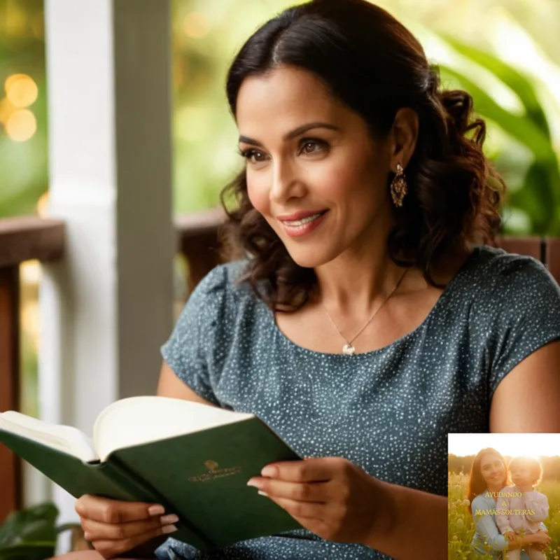 The image should show a warm-hearted Latina mother in her mid-30s, sitting on a clutter-free porch surrounded by lush greenery, with a gentle smile holding her young child securely as she thumbs through a worn notebook filled with hand-written financial planning notes.