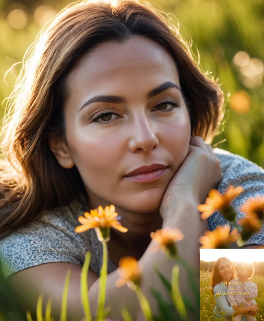 The image should show: A compassionate mother in her mid-30s sits calmly on a worn stone bench, surrounded by lush green grass and vibrant wildflowers, gently cradling a sleeping baby on her lap, with a warm spotlight casting a sense of serenity and self-love on the scene.