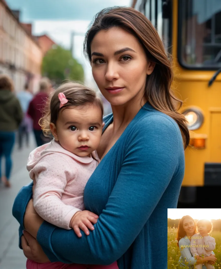 The image should show a young single mother holding her infant daughter on one hip, standing in front of a vibrant street art-filled alleyway, with a public transportation bus stop sign reading 