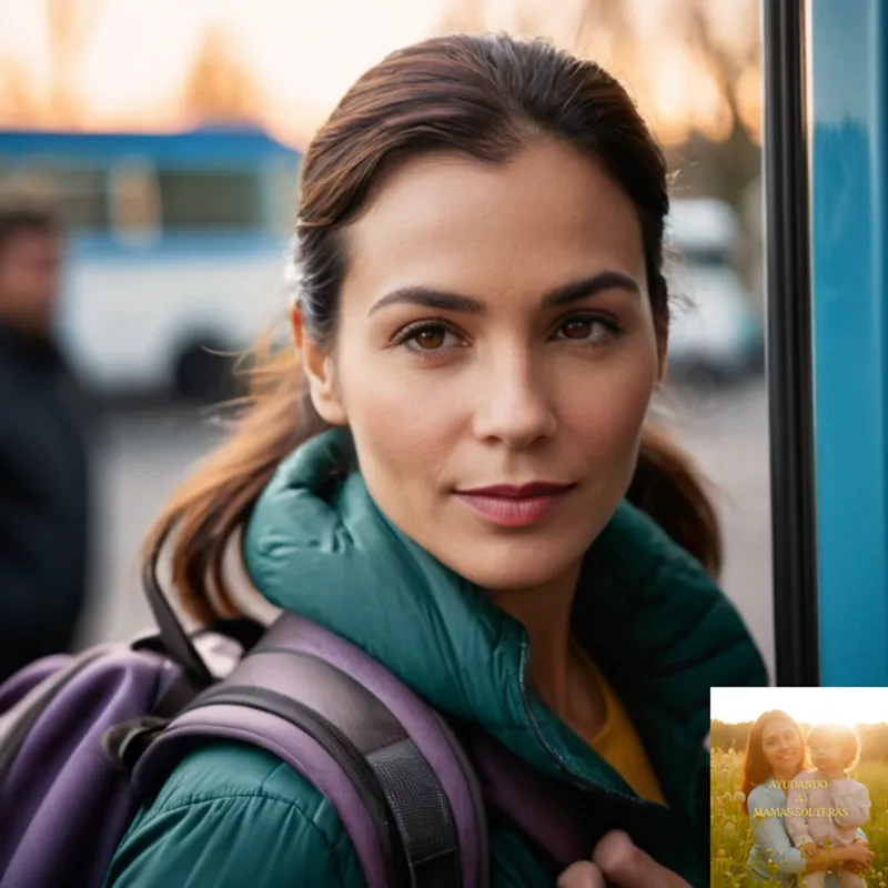 The image should show: A warm and inviting photograph of a single mother in her 30s, proudly holding onto a backpack, standing in front of a bus or train door, with a subtle cityscape blurred in the background, conveying a sense of liberation and newfound freedom.