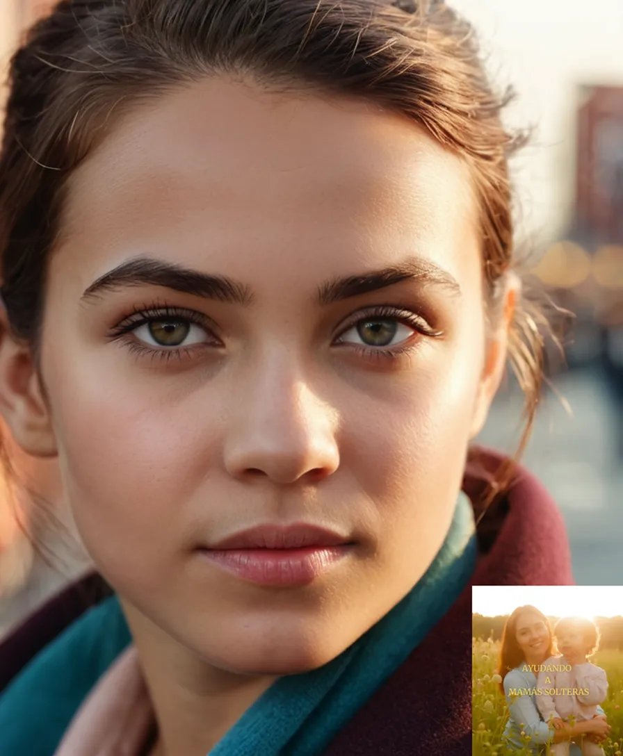 The image should show a photograph of a young single mother, likely in her mid-twenties to early thirties, standing on a city street, wearing casual attire and holding a child's hand, surrounded by vibrant urban architecture, including bustling bus shelters and brightly colored public transportation vehicles, with a gentle sunlight highlighting the textures of the clothing and the setting.