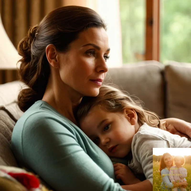 The image should show: A warm and introspective mother in her mid-30s sitting on a worn couch in a cozy living room, surrounded by toys and laundry baskets, gently cradling her young daughter asleep on one arm, while her eyes look out the window, seeking freedom and self-rediscovery amidst chaos.