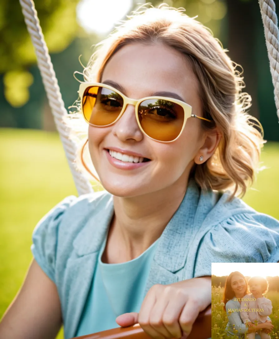 The image should show a warm and sunny park scene featuring a single mother, dressed casually in yellow sunglasses and a loose-fitting top, pushing her happy toddler on a colorful swing while standing near a picnic blanket and a suitcase with a cheerful destination sticker, surrounded by lush greenery and tall trees.