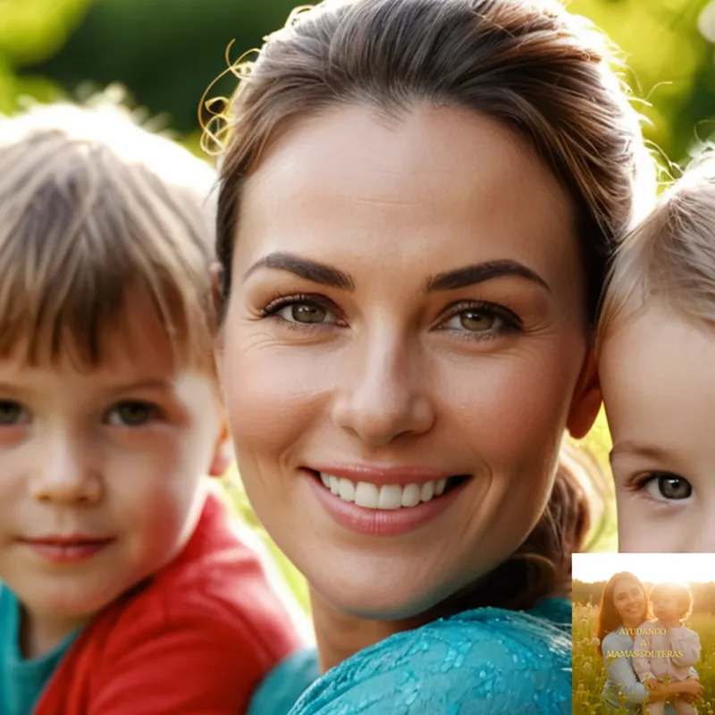 The image should show a warm and inviting photograph of a single mother, mid-30s, smiling as she plays with her two children, a boy and girl aged 6 and 8 respectively, in a lush green park on a sunny afternoon, surrounded by vibrant summer flowers and a city skyline faintly visible in the background.
